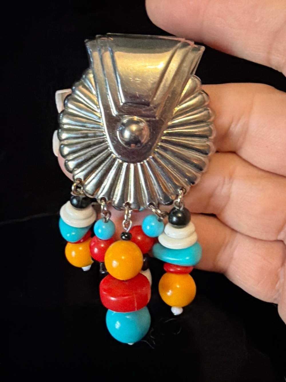 Vintage Native Inspired Silver-tone Multicolor Brooch Pin with Beads